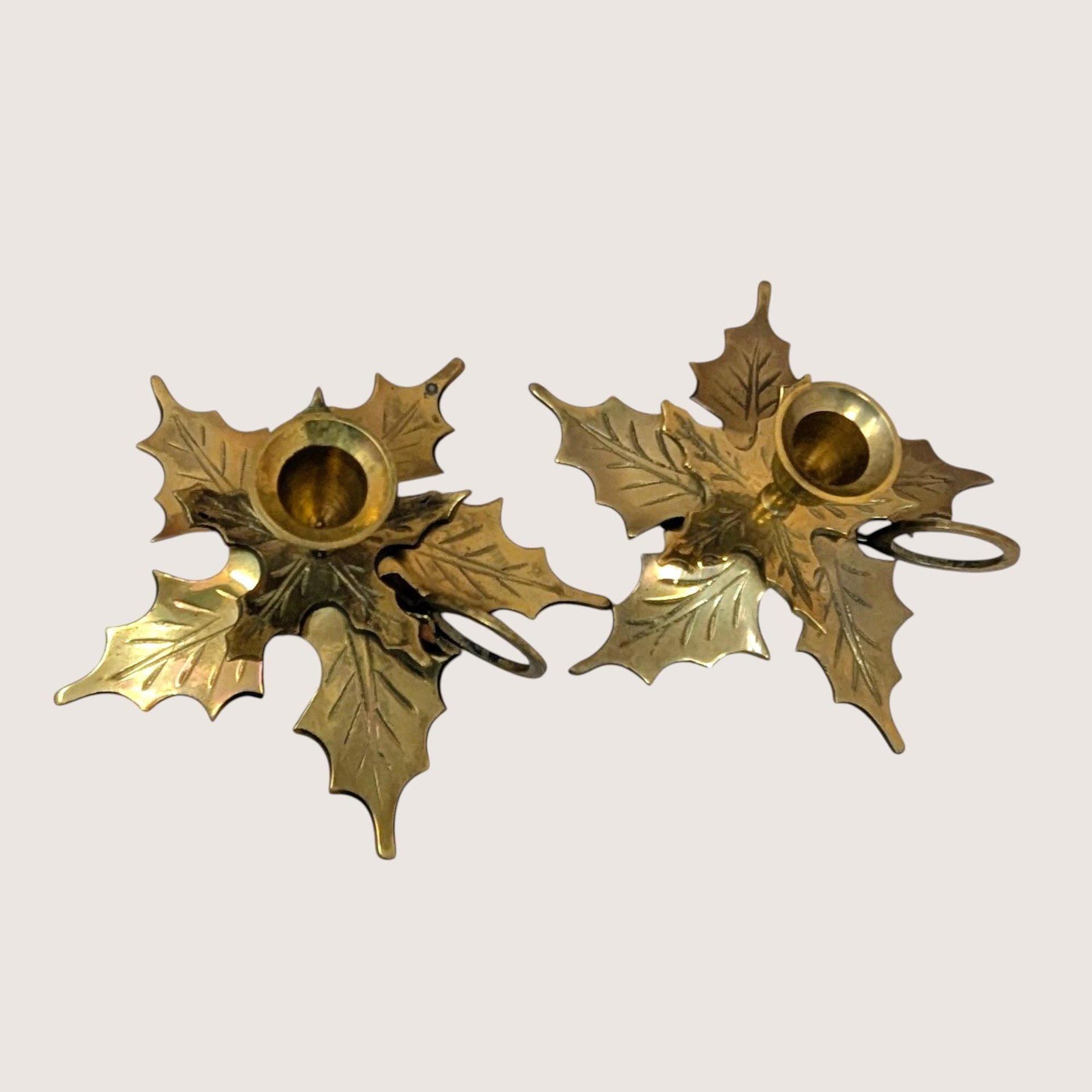 Vintage Brass Leaf Candlestick Holder Set