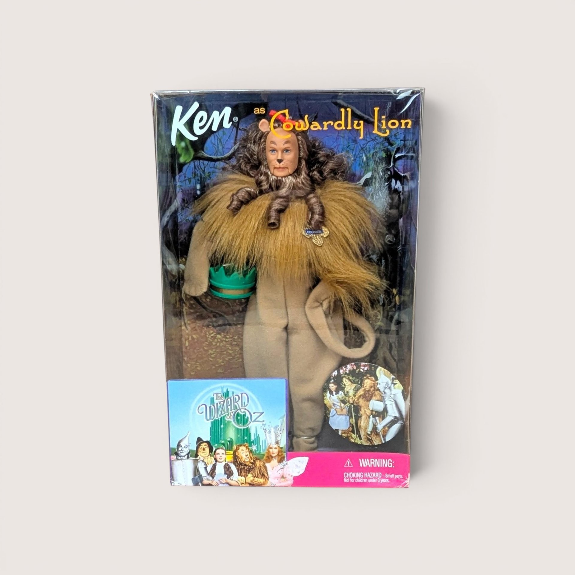 Wizard of Oz Cowardly Lion Ken doll in original box with a plush faux fur mane and crown.