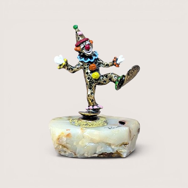 Vintage 1980s Ron Lee hand painted metal dancing clown figurine on a thick polished onyx marble base.