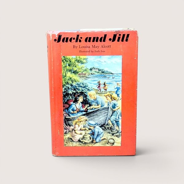 Front cover of a 1956 Jack and Jill hardcover children's book featuring an orange frame and beach illustration.