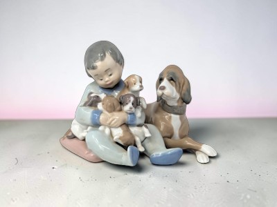 1987 Lladro New Playmate Porcelain Boy with Puppies Figurine