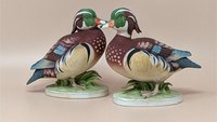 Lefton Wood Duck, Vintage Duck Pair, KW139A KW139B, Hand Painted Birds, Japanese Porcelain, MCM Wildlife Decor, Cabin Mantle Decor, Bird Watcher Gift, Antique Duck Figurines, Lefton China Ducks, Matte Finish Ceramic, Nature Study Decor, Waterfowl Sculpture, Collectible Bird Set, Rustic Office Accent, Mid Century Japan, North American Birds, Realistic Duck Decoy.