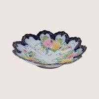 1910s Porcelain Scalloped Bowl Cobalt Gold Floral Serving Dish
