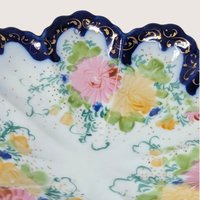 1910s Porcelain Scalloped Bowl Cobalt Gold Floral Serving Dish