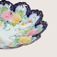 1910s Porcelain Scalloped Bowl Cobalt Gold Floral Serving Dish