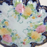1910s Porcelain Scalloped Bowl Cobalt Gold Floral Serving Dish
