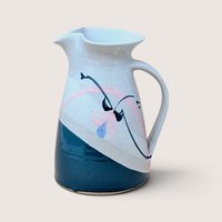 1980s Earthenware Pitcher Hand Painted Floral Studio Pottery Serving Jug