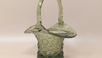 Fenton Colonial Olive Green Daisy and Button Top Hat Basket. Mid 20th Century. Green art glass. Measures 7 1/2" in height by about 5 1/2" wide. Excellent condition. 