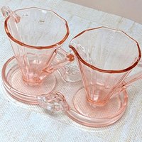 1930s Cambridge Pink Glass Decagon Cream and Sugar Set 