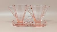 Vintage Cambridge pink glass sugar and creamer set on a matching double-well tray. Features 10-sided decagon panels and sharp geometric handles. 3.5 inches tall.