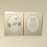 Pair of vintage 1975 Sharon Johnson prints. Fine charcoal-style drawings of a mother nursing a baby and a mother holding a child. Oval mattes on cream paper. 14x11 inches.