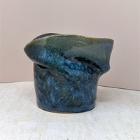 Signed Asymmetrical Pottery Vase – Heavy Blue Brutalist Studio Art 5"