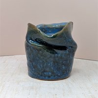 Signed Asymmetrical Pottery Vase – Heavy Blue Brutalist Studio Art 5"