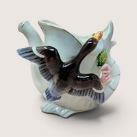 Vintage Thames hand-painted ceramic duck watering can vase with gold accents standing 4.25 inches tall.