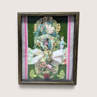 Framed antique Victorian Valentine paper collage shadow box with layered floral motifs and ribbon.