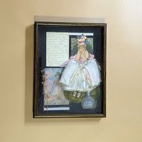 Dark wood shadow box featuring a 3D collage of a Victorian woman in a white lace dress. Black background with a frosted perfume bottle, dried botanicals, and handwritten yellowed paper. Rich, layered multimedia textures.