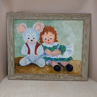 A large horizontal painting on canvas board featuring Raggedy Ann sitting next to a white teddy bear in a red vest. Impasto brushstrokes in shades of green and brown. Housed in a light wood grain frame.