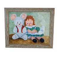 A large horizontal painting on canvas board featuring Raggedy Ann sitting next to a white teddy bear in a red vest. Impasto brushstrokes in shades of green and brown. Housed in a light wood grain frame.