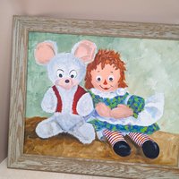 1973 Harriet Ellis Raggedy Ann Painting – Vintage Folk Art Canvas Board