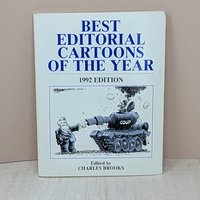 A vertical book titled "Best Editorial Cartoons of the Year 1992 Edition." The cover features a satirical illustration of Yeltsin shaking hands with a tank. Large blue serif text on a cream background.