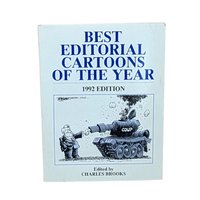 A vertical book titled "Best Editorial Cartoons of the Year 1992 Edition." The cover features a satirical illustration of Yeltsin shaking hands with a tank. Large blue serif text on a cream background.