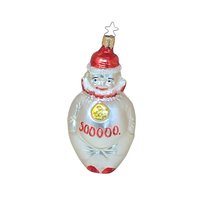 A vertical 5.5-inch blown glass clown ornament with a silvered body. The clown wears a red hat and ruff, with a gold medallion on its chest and "500,000" painted in red across the belly. Topped with a signature star-shaped metal cap.