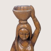 Vintage Mid Century Wood Female Figurine With Basket Tribal Folk Art Statue