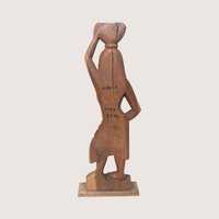 Vintage Mid Century Wood Female Figurine With Basket Tribal Folk Art Statue