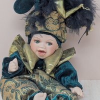 Vintage Porcelain Mardi Gras Jester – 12" Emerald & Gold Posable Baby Doll