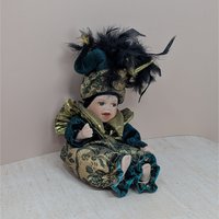 Vintage Porcelain Mardi Gras Jester – 12" Emerald & Gold Posable Baby Doll
