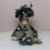 Vintage Porcelain Mardi Gras Jester – 12" Emerald & Gold Posable Baby Doll