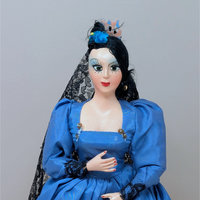 1960s Spanish Senorita Doll – Mid-Century Modern Blue Satin & Black Lace Mantilla Folk Art Figurine
