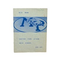A vintage 1970-1971 "Buzz Book" directory for Mounds Park Junior High, featuring a blue "MP" logo with a galloping mustang on a textured cream cover.