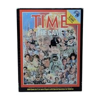 A vintage board game box for "TIME: The Game." The cover features a dense, colorful collage of historical figures from the 20th century, including JFK, Princess Diana, and an astronaut, set within a bold red and black border.