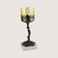 Vintage Cherub Candle Holder: Brass and Marble Amber Glass Votive