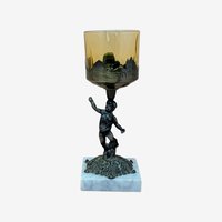 Vintage Hollywood Regency Cherub – Marble & Amber Glass Figural Candle Holder