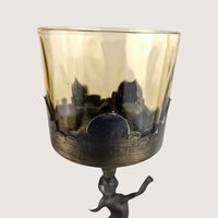 Vintage Cherub Candle Holder: Brass and Marble Amber Glass Votive