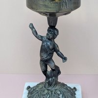 Vintage Hollywood Regency Cherub – Marble & Amber Glass Figural Candle Holder