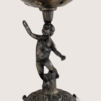 Vintage Cherub Candle Holder: Brass and Marble Amber Glass Votive
