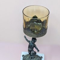 Vintage Hollywood Regency Cherub – Marble & Amber Glass Figural Candle Holder