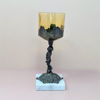 Vintage Hollywood Regency Cherub – Marble & Amber Glass Figural Candle Holder