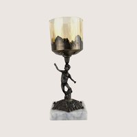 Vintage Cherub Candle Holder: Brass and Marble Amber Glass Votive
