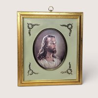 Vintage 1950s Turner framed Head of Christ portrait print by Warner Sallman with gold filigree corner accents.