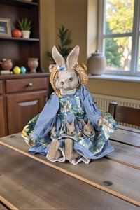 Vintage Ceramic and Cloth Mother Rabbit with Babies