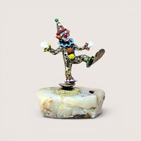 A hand-painted metal clown figurine by Ron Lee with 24k gold plating on a thick, natural onyx marble base against a neutral background.