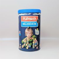 A vintage navy blue Playskool canister for Disney Wood Safety Blocks featuring a child playing with blocks and various Disney character graphics