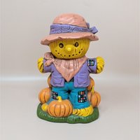 1970s Halloween Figurines – Handpainted Ceramic Scarecrow and Jack O Lantern