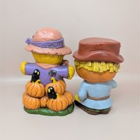 1970s Halloween Figurines – Handpainted Ceramic Scarecrow and Jack O Lantern