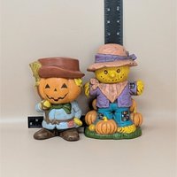 1970s Halloween Figurines – Handpainted Ceramic Scarecrow and Jack O Lantern