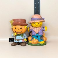 1970s Halloween Ceramic Scarecrow and Jack O Lantern Figurines